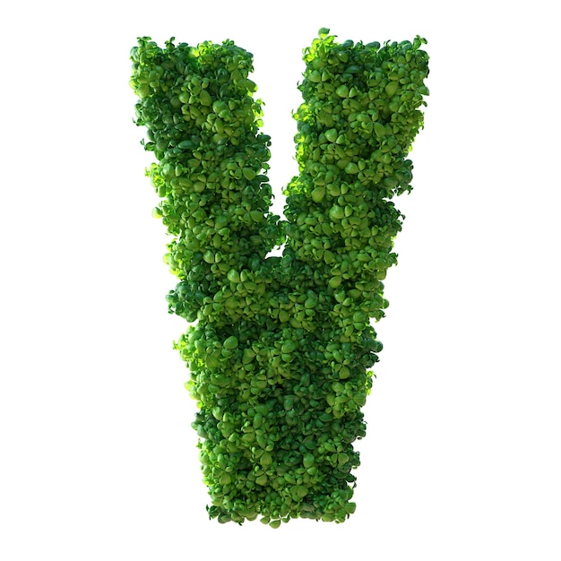 3d alfabeto lettera V Pianta verde foglie erba muschio menta basilico isolato su uno sfondo bianco con tracciato di ritaglio 3d illustrazione