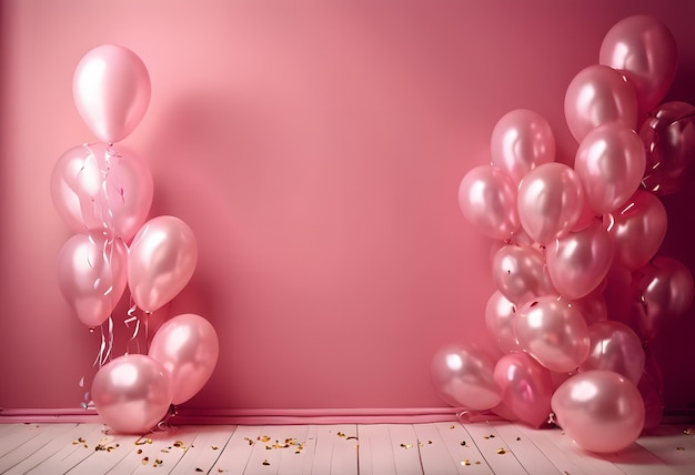 3d anniversario di compleanno festivo con regalo in scatola sfondo di palloncini di elio bianco rosa e oro