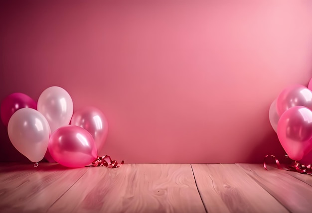 3d anniversario di compleanno festivo con regalo in scatola sfondo di palloncini di elio bianco rosa e oro
