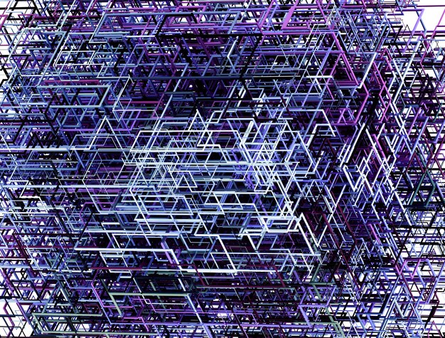 3d arte astratta di sfondo surreale con parte del cubo nella struttura in filo di alluminio color porpora