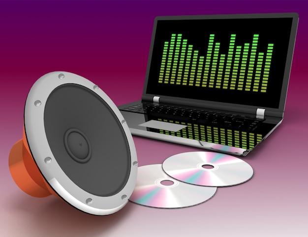 3d astratto dell'altoparlante audio e del disco cd. 3d reso illustrazione