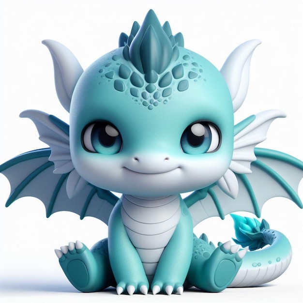 3D Baby Chibi Dragon carino e adorabile sta seduto e la sua faccia sorride