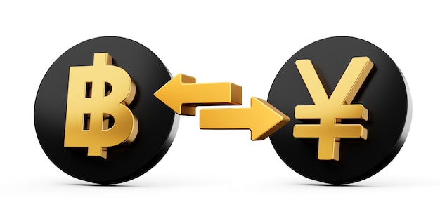 3d baht dorato e simbolo yen su icone nere arrotondate con illustrazione 3d delle frecce di scambio di denaro
