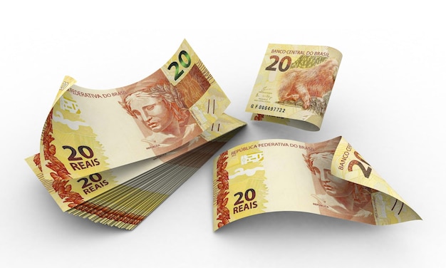 3d banconote da 20 reais, 20 reais e 20 reais dal Brasile su sfondo bianco. Soldi dal Brasile