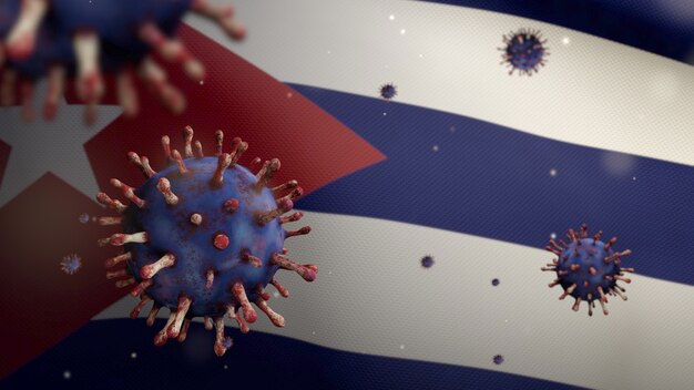 3D, bandiera cubana che sventola con l'epidemia di coronavirus che infetta il sistema respiratorio come influenza pericolosa. Virus dell'influenza di tipo Covid 19 con striscione nazionale di Cuba che soffia sullo sfondo. Concetto di rischio pandemico