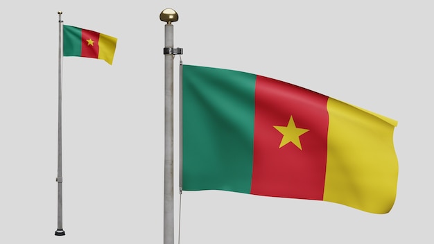 3D, bandiera del Camerun che fluttua nel vento. Primo piano del banner del Camerun che soffia, seta morbida e liscia. Fondo del guardiamarina di struttura del tessuto del panno. Usalo per il concetto di festa nazionale e occasione di campagna.