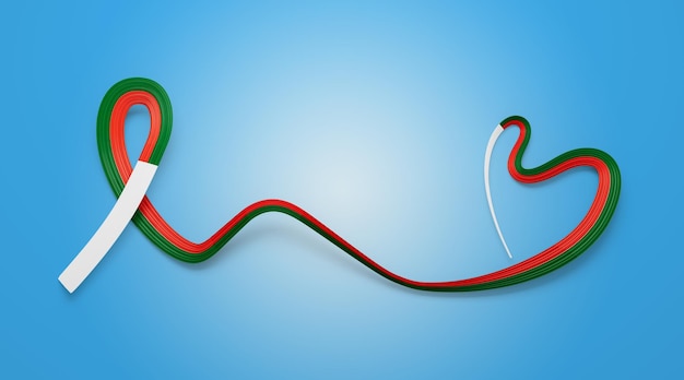 3d Bandiera del Madagascar a forma di cuore ondulata Bandiera di consapevolezza a nastro sfondo blu morbido Illustrazione 3d
