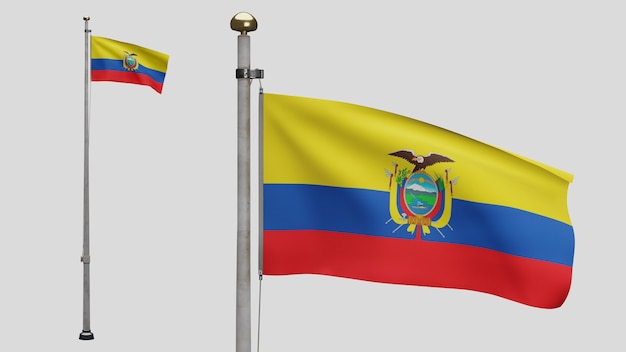 3D, bandiera ecuadoriana che ondeggia sul vento. Primo piano dell'Ecuador che soffia banner, seta morbida e liscia. Fondo del guardiamarina di struttura del tessuto del panno.