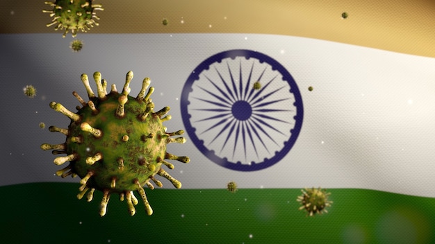 3D, bandiera indiana che sventola con l'epidemia di coronavirus che infetta il sistema respiratorio come influenza pericolosa. Influenza di tipo Covid 19 virus con banner nazionale indiano che soffia sullo sfondo. Concetto di rischio pandemico