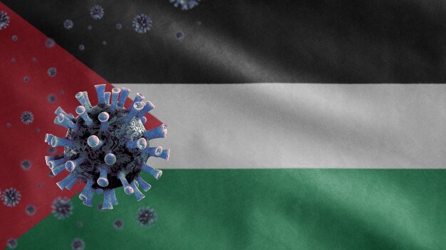 3D, bandiera palestinese che sventola e concetto di Coronavirus 2019 nCov. Focolaio asiatico in Palestina, coronavirus influenza come casi pericolosi di ceppo influenzale come una pandemia. Virus del microscopio Covid19