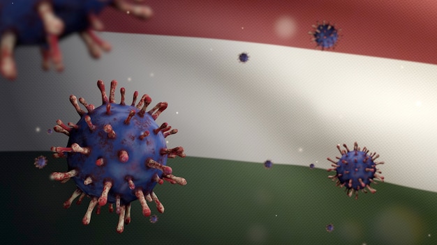 3D, bandiera ungherese che sventola con l'epidemia di coronavirus che infetta il sistema respiratorio come influenza pericolosa. Influenza di tipo Covid 19 virus con bandiera nazionale ungherese che soffia sullo sfondo. Concetto di rischio pandemico