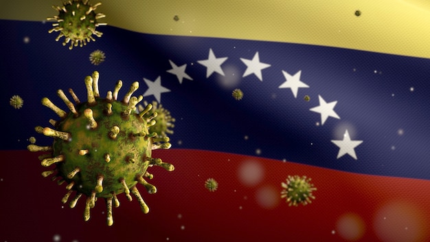 3D, bandiera venezuelana che sventola con l'epidemia di coronavirus che infetta il sistema respiratorio come influenza pericolosa. Influenza di tipo Covid 19 virus con bandiera nazionale del Venezuela che soffia sullo sfondo