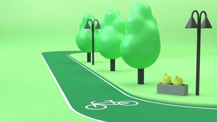 3d bike lane green parks low poly trees 3d rendering cartoon style,transportation