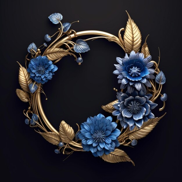 3d blu con ghirlanda d'oro matrimonio cornice floreale immagini arte generata dall'intelligenza artificiale