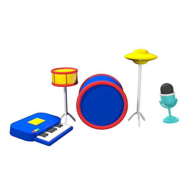 3d bluered drum set stile cartone animato morbido sfondo giallo minimo rendering 3d