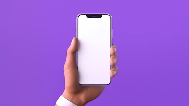 3d cartone animato mano che tiene smartphone isolato su sfondo viola realizzato da intelligenza artificiale generativa