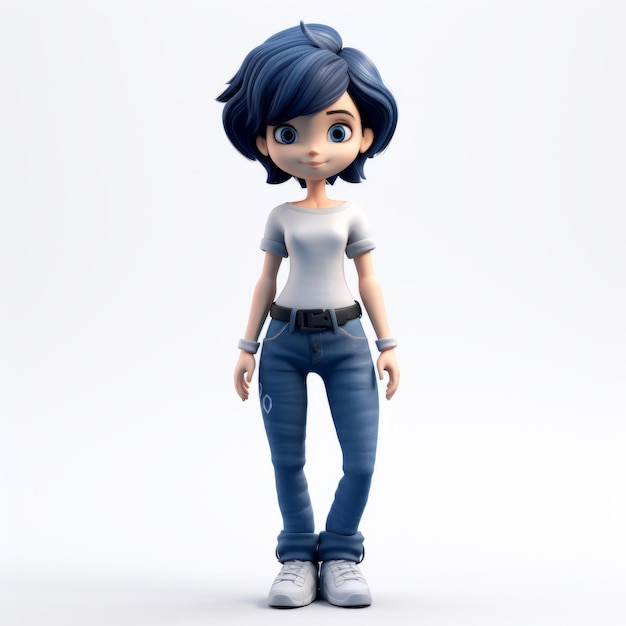 3d Cartoon Girl In Jeans Personaggio ispirato all'anime con rendering realistico