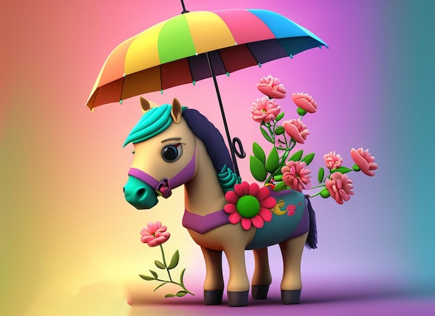 3d cavallo dolce e soffice con fiori libro sotto l'ombrello sedersi sul lato del fiume