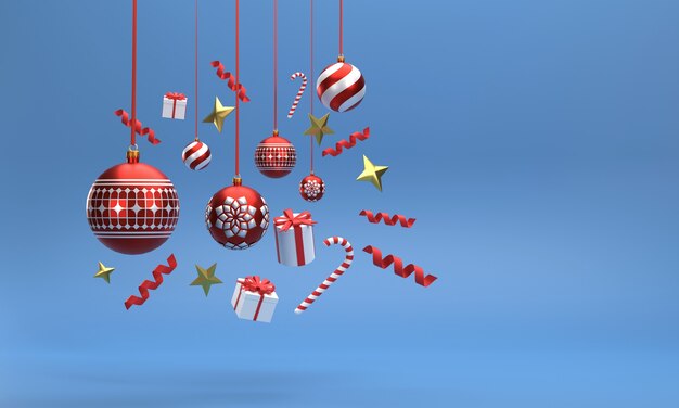 3D. celebrazioni festive per il capodanno e la festa di natale nastri di palle di natale, scatole regalo.