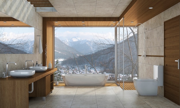 3d che rende bagno classico moderno con la decorazione delle mattonelle di lusso con la vista piacevole della natura dalla finestra