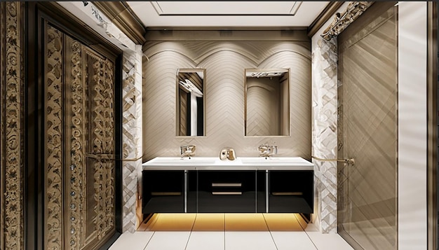 3d che rende bagno moderno classico con la decorazione di lusso delle mattonelle
