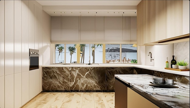 3d che rende bella cucina moderna con la decorazione di marmo