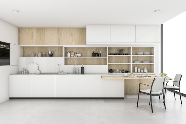 3d che rende cucina bianca con la decorazione minima di stile