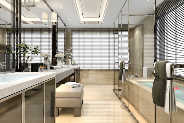 3d che rende il bagno moderno del sottotetto con la decorazione di lusso delle mattonelle con la vista piacevole dalla finestra