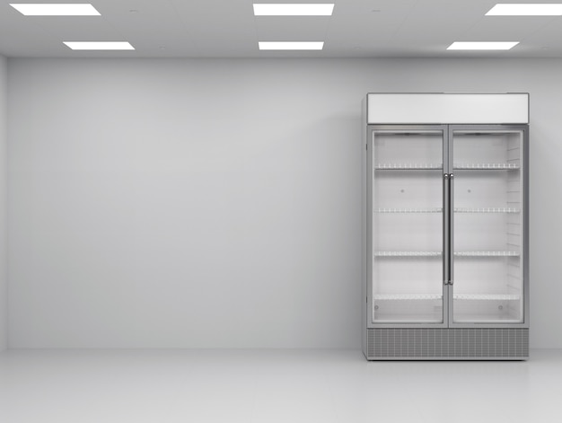 3d che rende il frigorifero commerciale dell'acciaio inossidabile nella stanza vuota