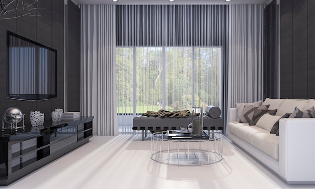 3d che rende il salone di lusso piacevole di progettazione moderna con il sofà grigio e lo scaffale della TV