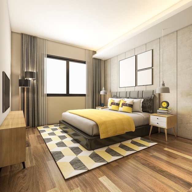 3d che rende la bella serie di camera da letto gialla di lusso in hotel con la TV