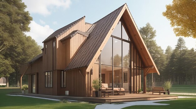 3d che rende la casa di legno piacevole di stile moderno in bello villaggio