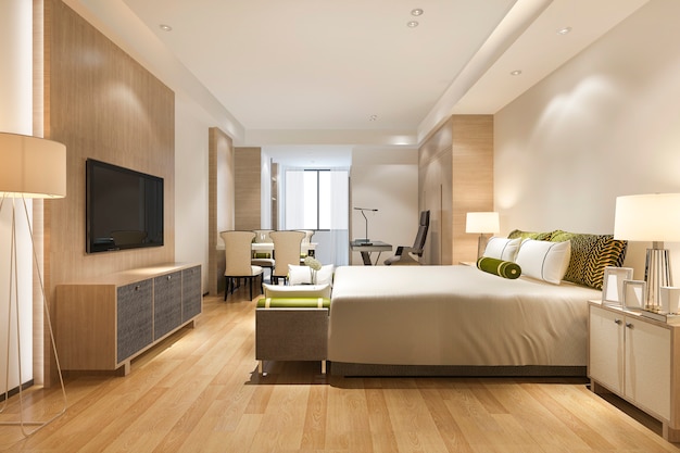 3d che rende la serie di camera da letto moderna di lusso in hotel