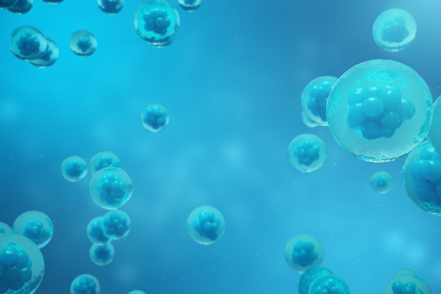 3D che rende le cellule umane o animali su fondo blu. Concetto Embrione in fase iniziale Concetto scientifico di medicina, ricerca e trattamento sulle cellule staminali.