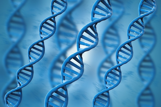 3D che rende le strutture del DNA blu su sfondo blu