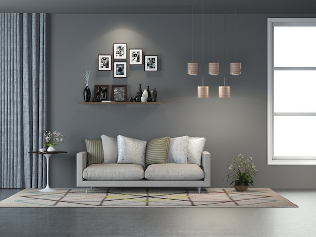 3d che rende salone minimalista moderno con il sofà