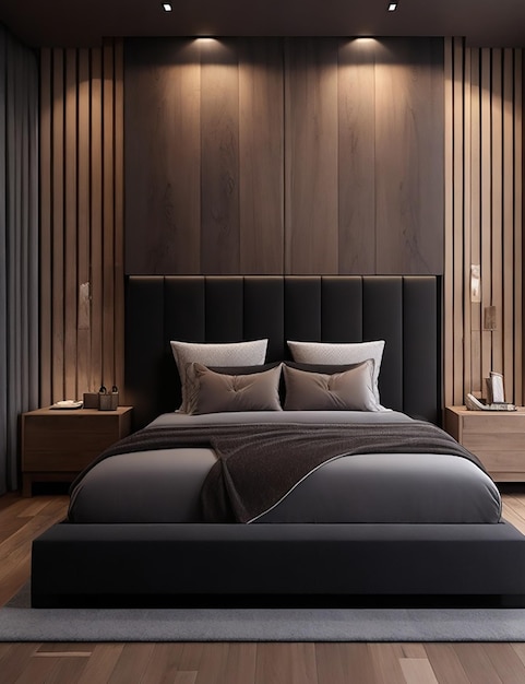 3d che rende un interno di lusso della camera da letto con il tono scuro del foglio della biancheria da letto e lo stile moderno