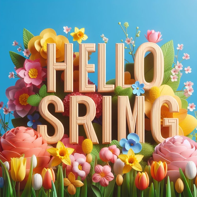 3D ciao primavera con fiori su di esso sfondo primavera foto