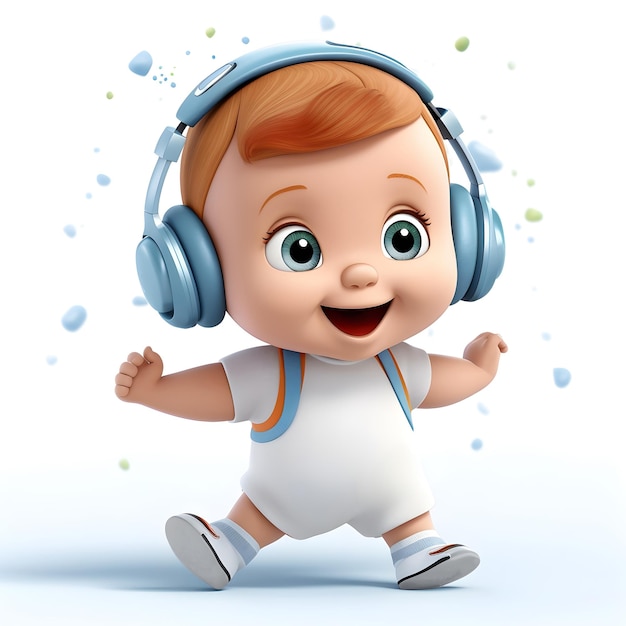 3d clay boy cartone animato ascoltare la musica sulle cuffie su sfondo bianco isolato