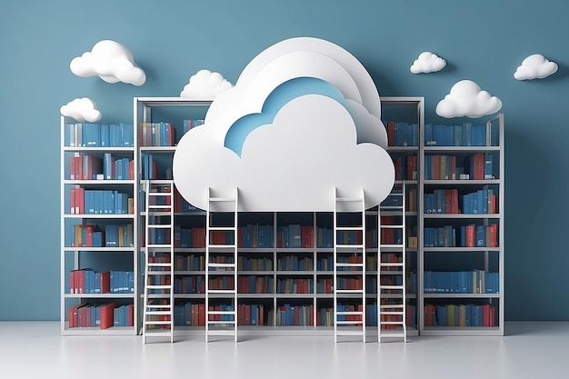 3D cloud storage libreria scaffale e persone sulle scale caricare scaricare cartella dischi di dati