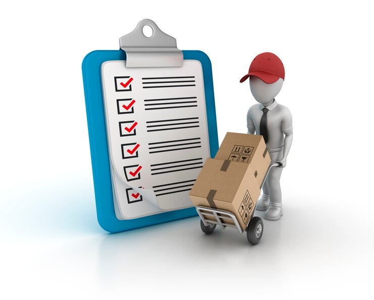 3D Clpboard with Cartoon Character Pushing Hand Truck