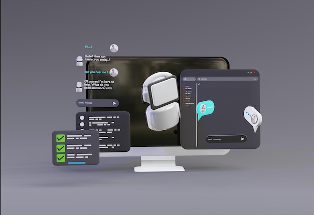 3D computer AI Robot Chatbot Web UIUX SOFTWARE programming algorithms 3D rendering illustration