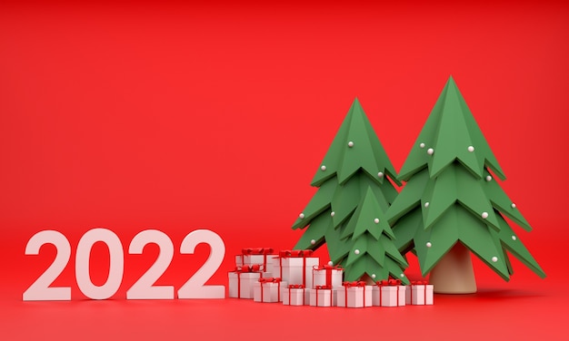 3D. Confezione regalo 2022, albero di Natale a Natale e Capodanno su sfondo rosso