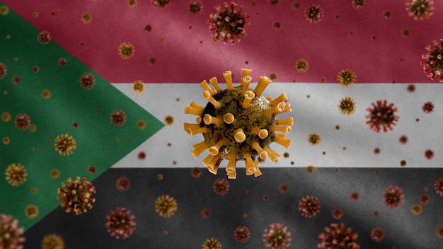 3D, coronavirus influenzale che fluttua sulla bandiera sudanese, un agente patogeno che attacca le vie respiratorie. Modello del Sudan che fluttua con la pandemia del concetto di virus Covid19