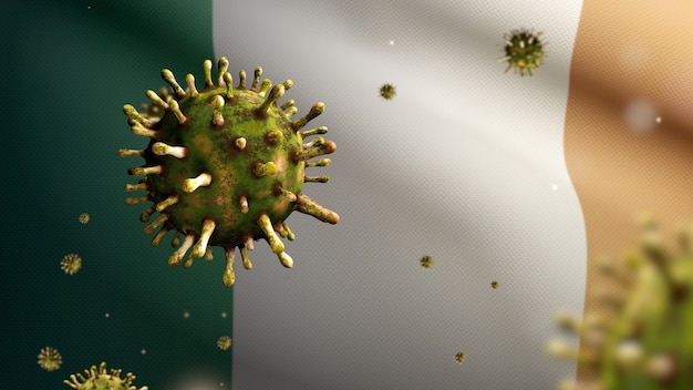 3D, coronavirus influenzale che galleggia sulla bandiera dell'Irlanda, un agente patogeno che attacca il tratto respiratorio. Banner irlandese che sventola con la pandemia del concetto di infezione da virus Covid19. Insegna della trama del tessuto reale