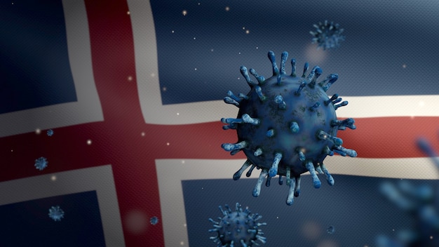 3D, coronavirus influenzale che galleggia sulla bandiera islandese, un agente patogeno che attacca il tratto respiratorio. Banner islandese che sventola con la pandemia del concetto di infezione da virus Covid19. Insegna della trama del tessuto reale