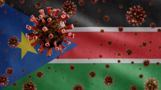 3D, coronavirus influenzale che galleggia sulla bandiera sudanese, agente patogeno che attacca le vie respiratorie. Modello del Sud Sudan che fluttua con la pandemia del concetto di infezione da virus Covid 19.