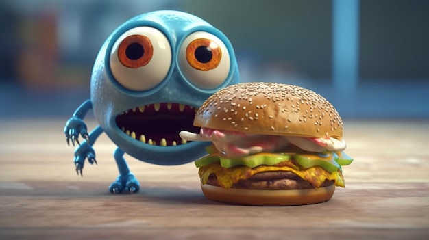 3D creatura divertente mangia un hamburger generativo ai