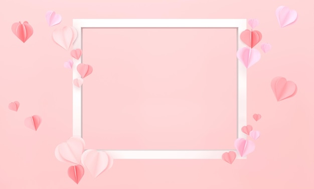 3D. cuore di carta e cornice con sfondo rosa. Il giorno di San Valentino concetto.