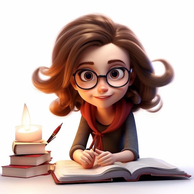 3D Cute Cartoon Girl che studia Illustrazione dell'istruzione